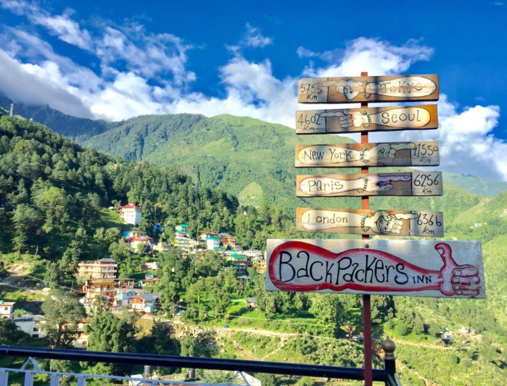 The Backpackers Inn signpost on the rooftop with the mountains behind