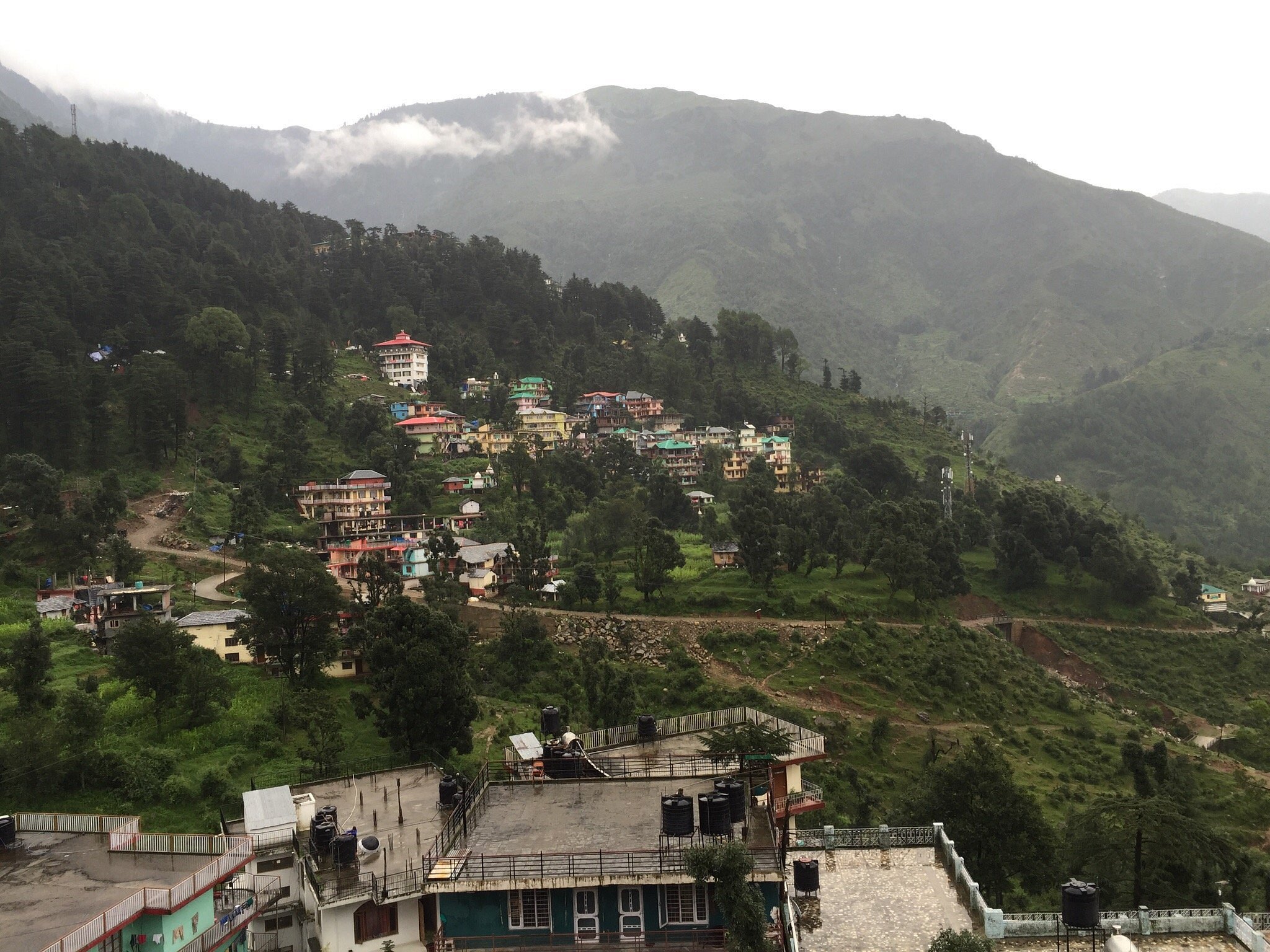 Misty afternoon view across McLeod Ganj rooftops and forested ridges
